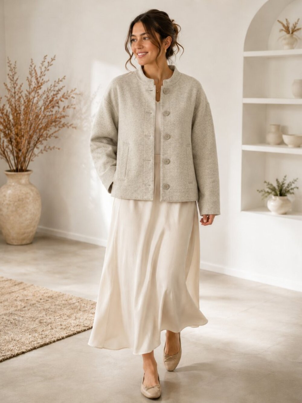 Max Studio Mock Neck Button Shacket Gray Knit Wool-Look Jacket S Quiet Luxury